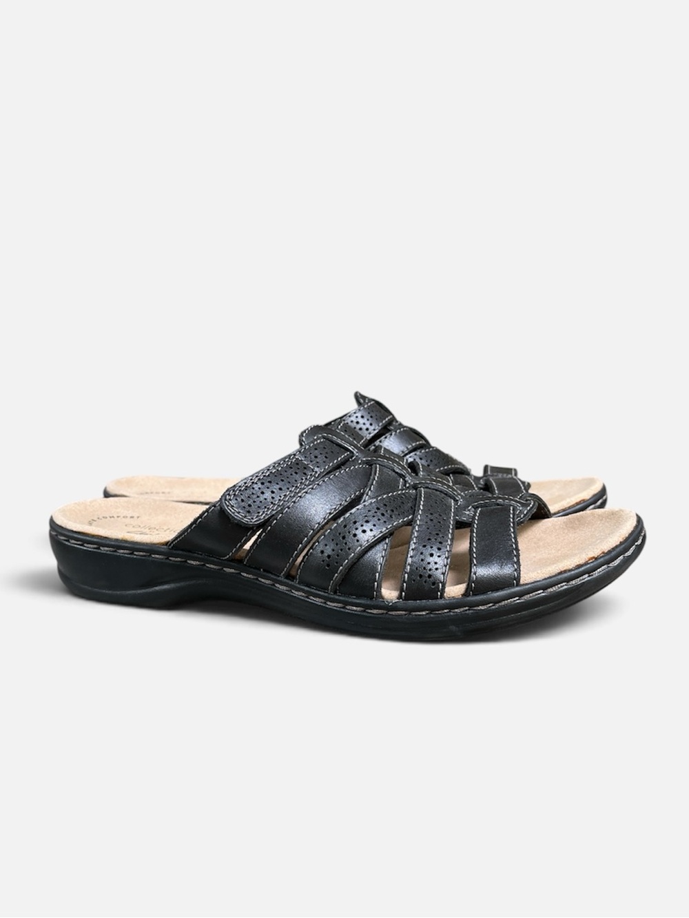 Clarks Collection Leisa Field Black Leather Strappy Comfort Slide Sandal Sz 8M